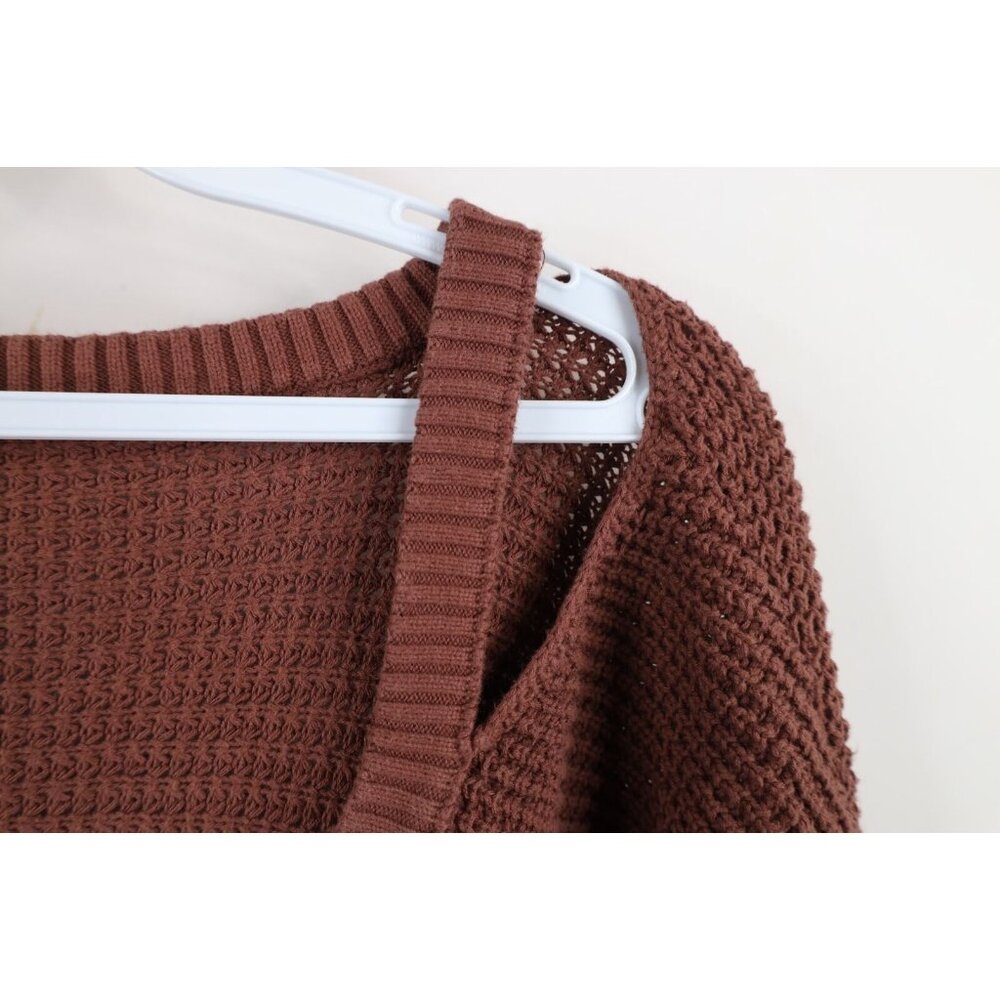 Free People Womens Large Faded Fringed Cold Shoulder Thermal Knit Sweater Brown - Picture 4 of 13